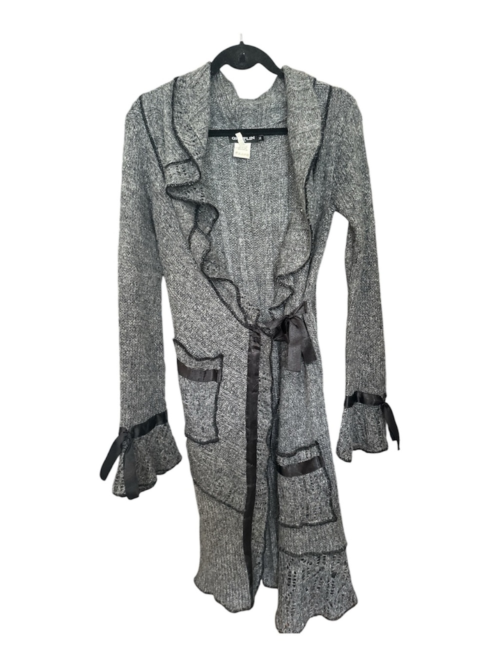 Griffin Paris Ruffled Open Front Knit Cardigan with Ribbon Trim - Gray
